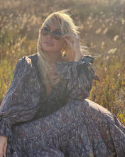 Load image into Gallery viewer, NOMAD MAXI DRESS/ earthy colors with purple paisley print and metallic thread