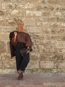 CARMEN BLOUSE / milk chocolate brown crepe satin