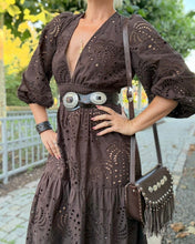 Load image into Gallery viewer, HIPPIE MAXI DRESS/ chocolate brown embroidered cotton