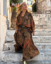 Load image into Gallery viewer, GYPSETTE MAXI SKIRT WITH 6 mtrs ruffle/ chocolate brown and caramel print with golden thread