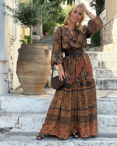 DREAM MAXI DRESS/ chocolate brown and caramel print with golden thread