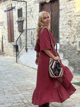 Load image into Gallery viewer, WRAP MIDI DRESS with kimono sleeves / red wine cotton