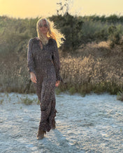 Load image into Gallery viewer, GLOW JUMPSUIT/ earthy and purple painsley print with metallic thread