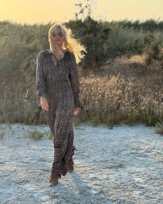 GLOW JUMPSUIT/ earthy and purple painsley print with metallic thread