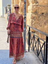 Load image into Gallery viewer, BOHOSOUL MAXI DRESS/ brick red+burgundy paisley print woth metallic thread