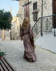 YASMINE MAXI DRESS/ cafe latte beige print silk with elastane