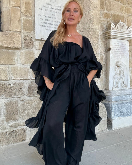MUSE LONG KIMONO/ PONCHO WITH RUFFLES / black cotton voile