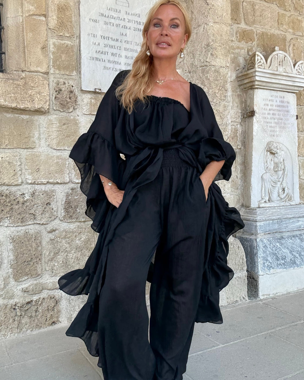 MUSE LONG KIMONO/ PONCHO WITH RUFFLES / black cotton voile