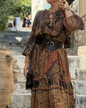 Load image into Gallery viewer, DREAM MAXI DRESS/ chocolate brown and caramel print with golden thread