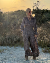 Load image into Gallery viewer, GLOW JUMPSUIT/ earthy and purple painsley print with metallic thread