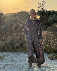 GLOW JUMPSUIT/ earthy and purple painsley print with metallic thread