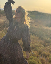 Load image into Gallery viewer, NOMAD MAXI DRESS/ earthy colors with purple paisley print and metallic thread