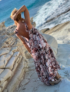 BAGGY MAXI DRESS/ silk with beige, chocolate, powder pink floral print