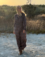 Load image into Gallery viewer, GLOW JUMPSUIT/ earthy and purple painsley print with metallic thread