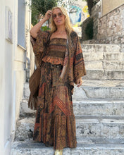 Load image into Gallery viewer, KIMONO BLOUSE/ chocolate and caramel print with golden thread