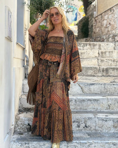 KIMONO BLOUSE/ chocolate and caramel print with golden thread