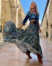 Load image into Gallery viewer, GYPSETTE MAXI SKIRT WITH 6 mtrs ruffle / chocolate brown and blue paisley