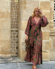 Load image into Gallery viewer, HIPPIE MAXI DRESS/ tourmaline print with golden thread