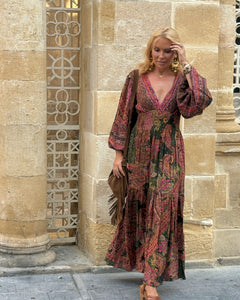 HIPPIE MAXI DRESS/ tourmaline print with golden thread