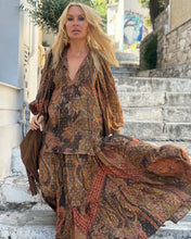 Load image into Gallery viewer, THALASSA BLOUSE WITH XL BELL SLEEVES / chocolate brown, caramel print and golden thread