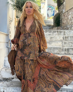 THALASSA BLOUSE WITH XL BELL SLEEVES / chocolate brown, caramel print and golden thread