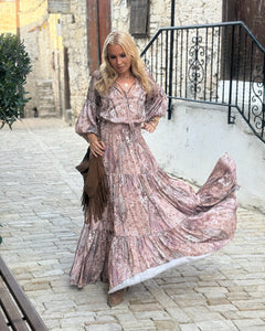 YASMINE MAXI DRESS/ cafe latte beige print silk with elastane