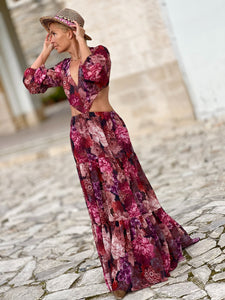 NUSA MAXI DRESS/ red and pink floral chiffon