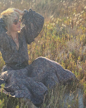 Load image into Gallery viewer, NOMAD MAXI DRESS/ earthy colors with purple paisley print and metallic thread