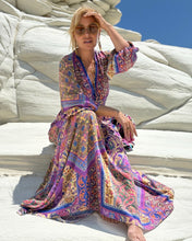 Load image into Gallery viewer, HIPPIE MAXI DRESS/ wild orchid blue, purple, yellow oriental print