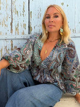 Load image into Gallery viewer, HIPPIE BLOUSE/ blue and chocolate brown paisley