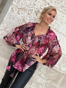 YASMINE BLOUSE / red and pink floral chiffon