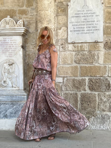 KARIATIDE MAXI DRESS/ Cafe Latte:  beige+dusty rose silk