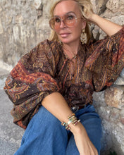 Load image into Gallery viewer, THALASSA BLOUSE WITH XL BELL SLEEVES / chocolate brown, caramel print and golden thread