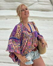 Load image into Gallery viewer, THALASSA BLOUSE WITH XL SLEEVES/ wild orchid blue , purple, yellow oriental print