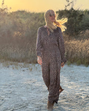 Load image into Gallery viewer, GLOW JUMPSUIT/ earthy and purple painsley print with metallic thread