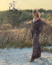 Load image into Gallery viewer, GLOW JUMPSUIT/ earthy and purple painsley print with metallic thread