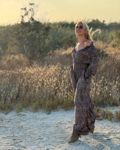 GLOW JUMPSUIT/ earthy and purple painsley print with metallic thread