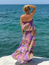 Load image into Gallery viewer, JOY MAXI DRESS with low waist and 6 mtrs volant/ blue orchid oriental print