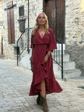 Load image into Gallery viewer, WRAP MIDI DRESS with kimono sleeves / red wine cotton