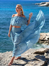 Load image into Gallery viewer, GYPSETTE MAXI SKIRT/ 6 mtrs volant/ sky blue cotton voile
