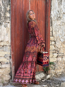 HIPPIE MAXI DRESS/burgundy red paisley print with metallic thread