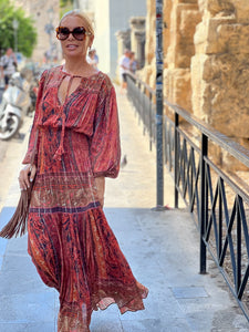 BOHOSOUL MAXI DRESS/ brick red+burgundy paisley print woth metallic thread