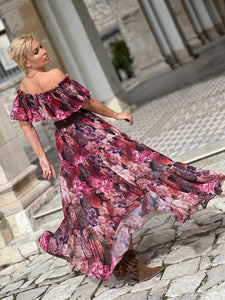 FLAMENCO MAXI DRESS/ red and pink floral chiffon