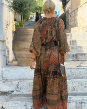 Load image into Gallery viewer, DREAM MAXI DRESS/ chocolate brown and caramel print with golden thread