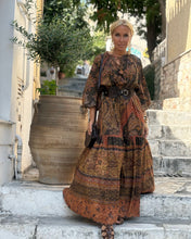 Load image into Gallery viewer, DREAM MAXI DRESS/ chocolate brown and caramel print with golden thread
