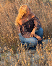 Load image into Gallery viewer, CARMEN BLOUSE/ earthy colors with purple paisley print and metallic thread