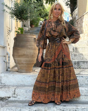 Load image into Gallery viewer, DREAM MAXI DRESS/ chocolate brown and caramel print with golden thread