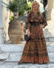 Load image into Gallery viewer, DREAM MAXI DRESS/ chocolate brown and caramel print with golden thread