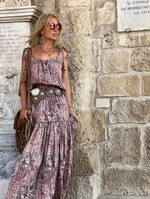 KARIATIDE MAXI DRESS/ Cafe Latte:  beige+dusty rose silk