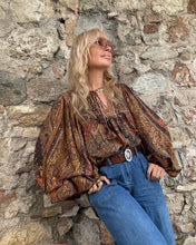 Load image into Gallery viewer, THALASSA BLOUSE WITH XL BELL SLEEVES / chocolate brown, caramel print and golden thread